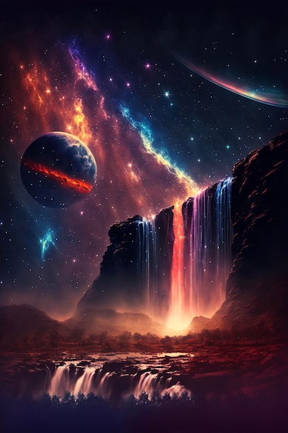 Waterfall with a planet in the background generative ai