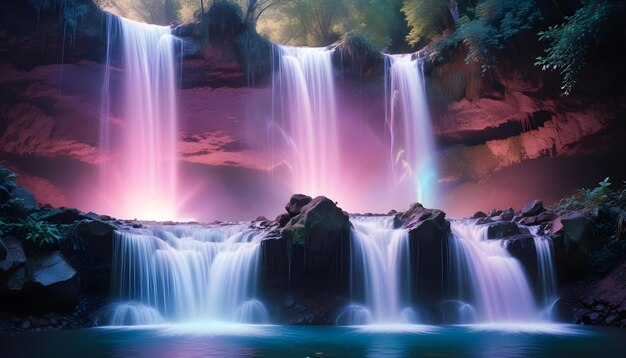 a waterfall with a purple background and the sun shining on it