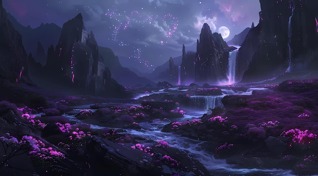 Photo a waterfall with a purple moon in the background