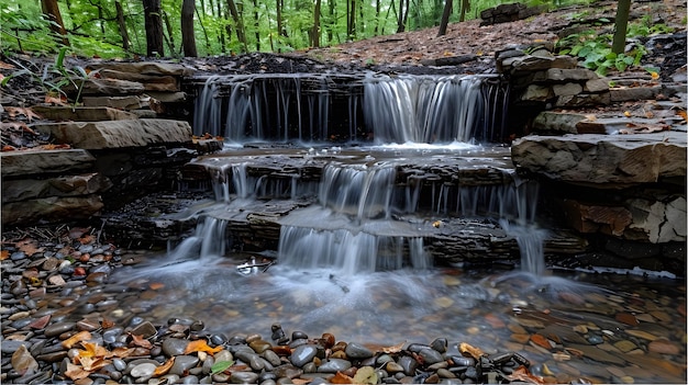 a waterfall with rocks and trees in the background and a waterfall in the foreground