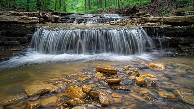 a waterfall with rocks and trees in the background