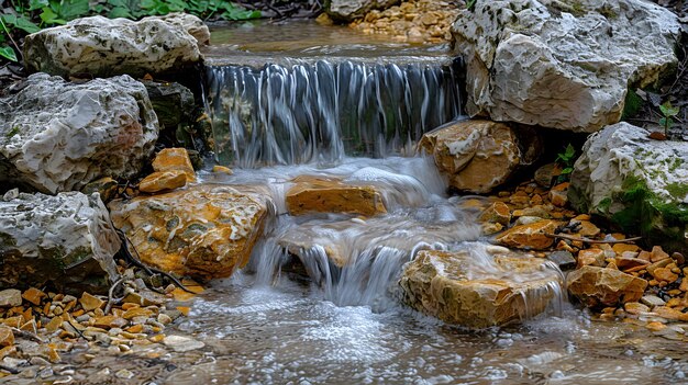 a waterfall with rocks and water flowing over it and a waterfall