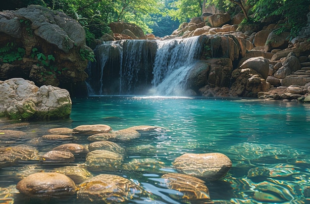 a waterfall with rocks and a waterfall in the background