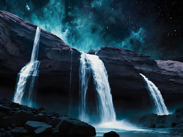 a waterfall with a star on the top