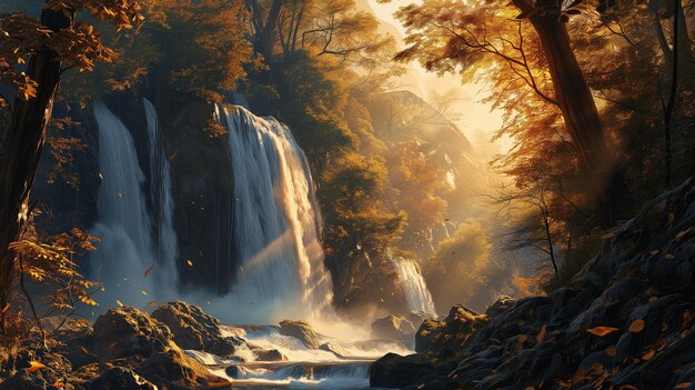 a waterfall with the sun shining on it