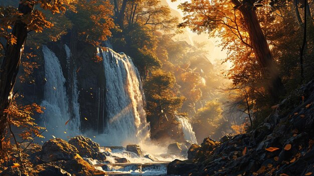 a waterfall with the sun shining on it