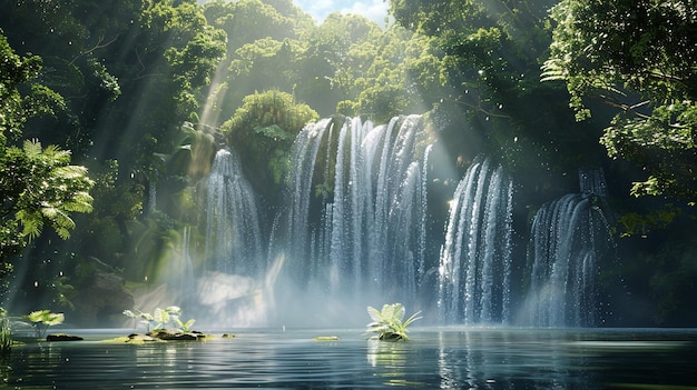 a waterfall with a sun shining through the trees