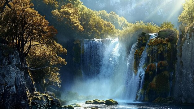 Photo a waterfall with the sun shining on the water