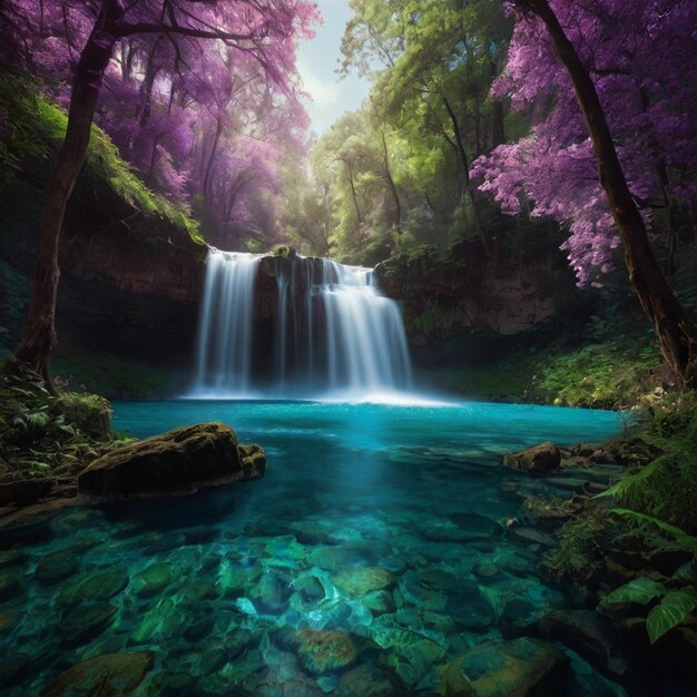 a waterfall with a tree in the background and a tree in the foreground