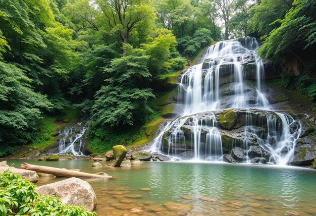 Photo a waterfall with a tree branch in front of it and a tree branch in the foreground