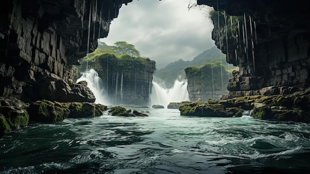 a waterfall with a tree in the middle of it