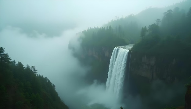 a waterfall with trees and a forest in the background