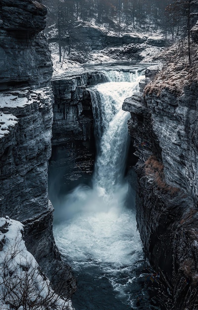 Photo waterfall with water flowing down from a high altitude and splashing