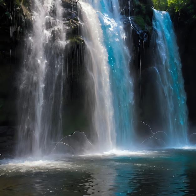 waterfall with water flowing down it and a person standing in the water