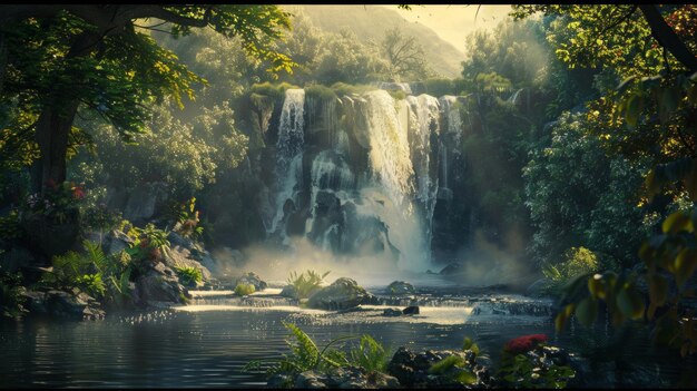 Photo a waterfall with a waterfall in the background and a boat in the water