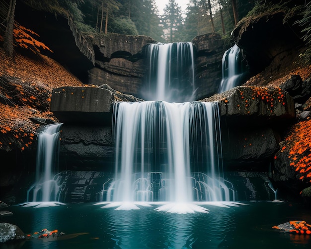 a waterfall with a waterfall in the background and a couple of people swimming in the water