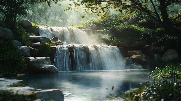 Photo a waterfall with a waterfall in the background and the sun shining on the water