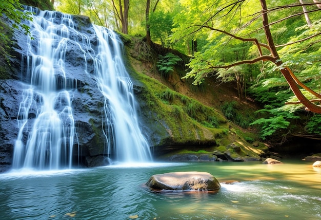 Photo a waterfall with a waterfall in the background and a tree in the foreground