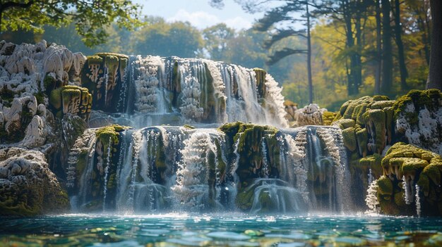 a waterfall with a waterfall in the background and the water in the foreground