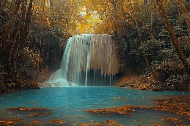 Photo a waterfall with a waterfall in the background and the water in the foreground