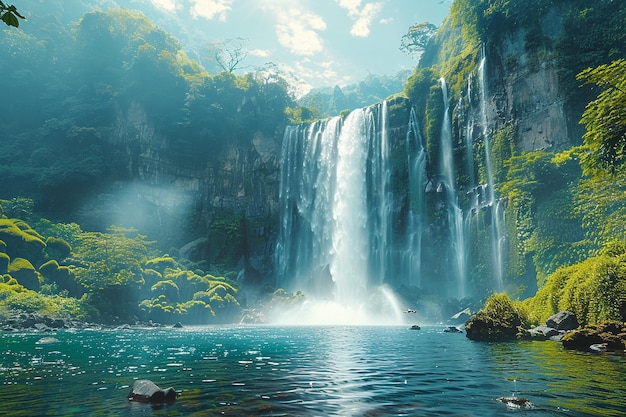 a waterfall with a waterfall in the background and the water in the foreground