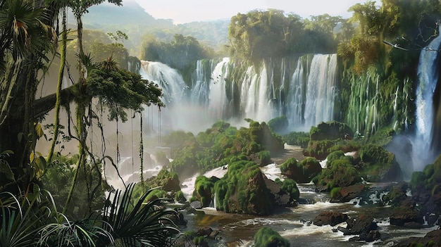 a waterfall with a waterfall in the background and the waterfall in the background