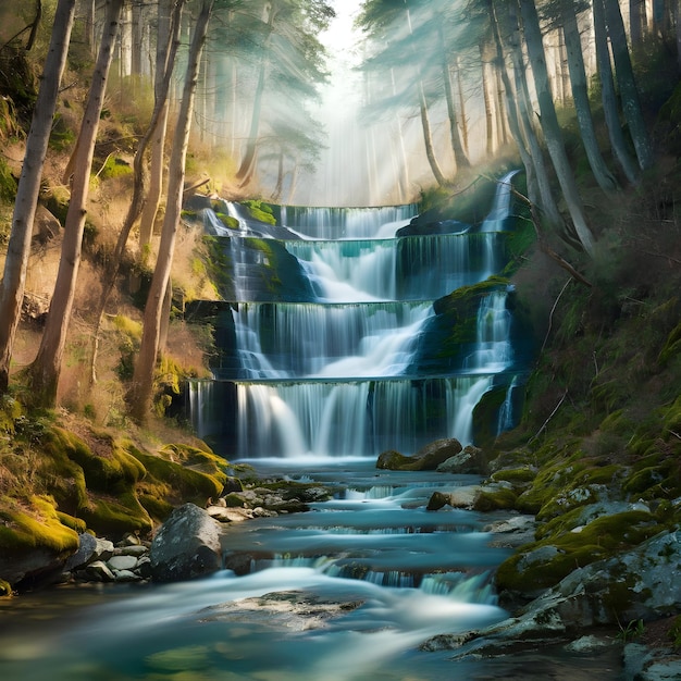 a waterfall with a waterfall in the background and the waterfall in the background