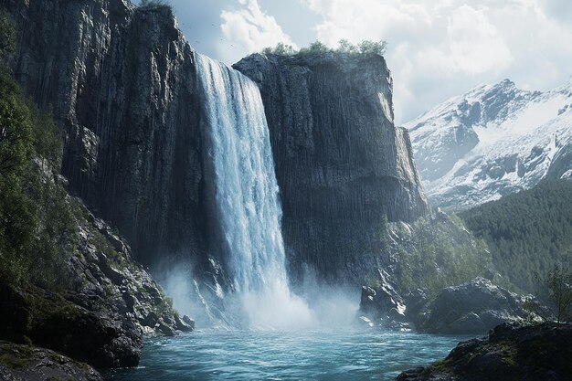 Photo a waterfall with a waterfall in the background and a waterfall in the foreground