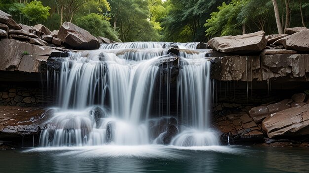 Photo a waterfall with a waterfall in the background and a waterfall in the foreground