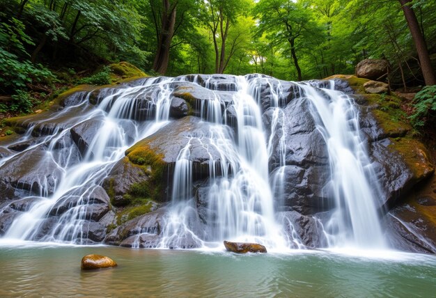 Photo a waterfall with a waterfall in the background and a waterfall in the foreground