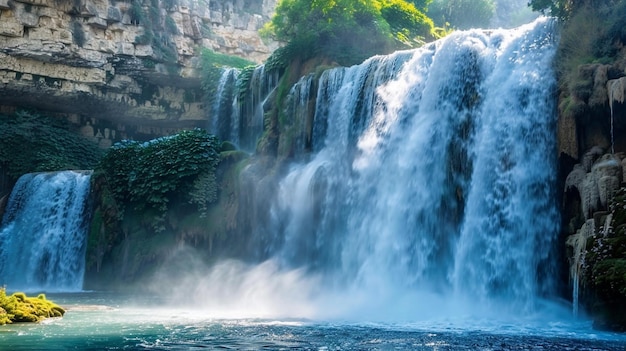 a waterfall with a waterfall in the background