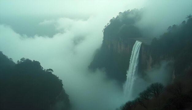 Photo a waterfall with a waterfall in the middle of it