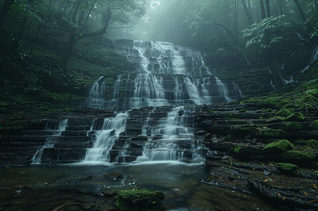 a waterfall in the woods is surrounded by trees and a forest