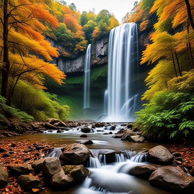 a waterfall in the woods is surrounded by trees and rocks