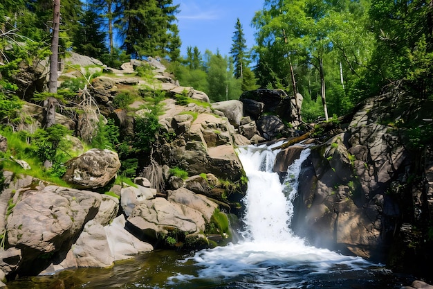 a waterfall in the woods is surrounded by trees and rocks