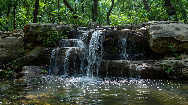 a waterfall in the woods with a few small stones in the foreground