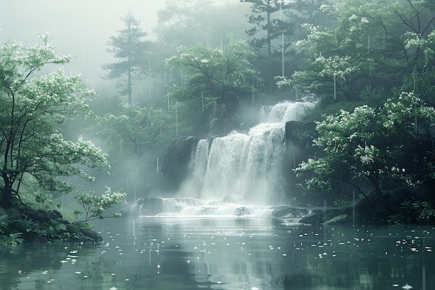 a waterfall in the woods with trees in the background