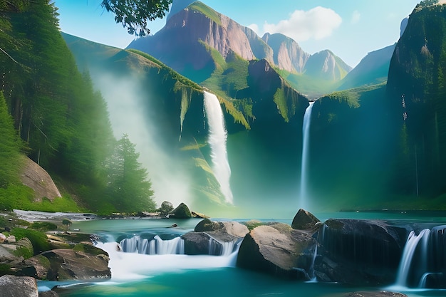 Waterfalls cascade down majestic peaks