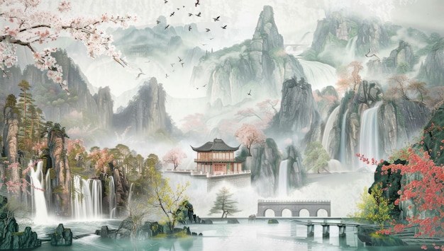 Waterfalls and Mountain Peaks in a Misty Chinese Landscape