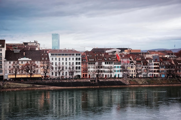 Waterfront in Old City of Basel. Basel is a third most populous city in Switzerland.