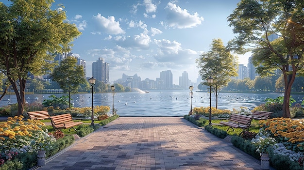 Waterfront Promenade with Decorative Lampposts Illustration