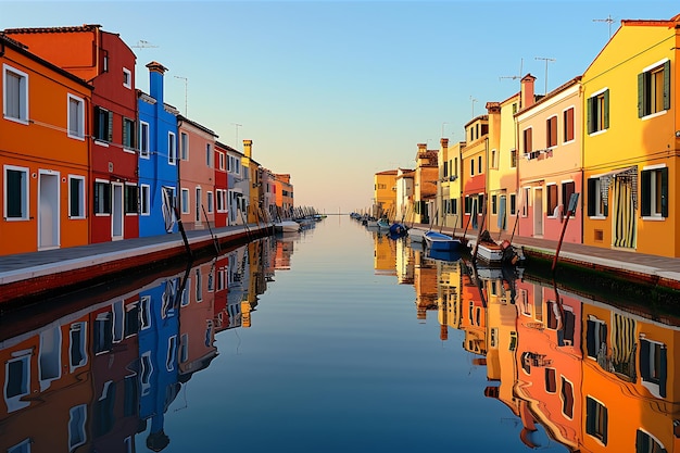 Waterfront Reflections Vibrant Buildings Golden Sunset