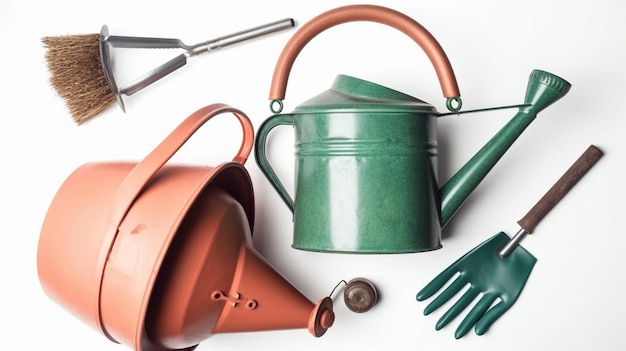 Watering can and garden tools isolated