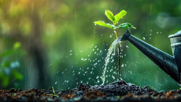 Watering can pouring water on young green plant seedling in soil