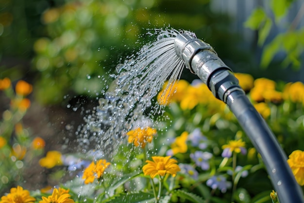 Watering Flowers in a Garden on a Sunny Day