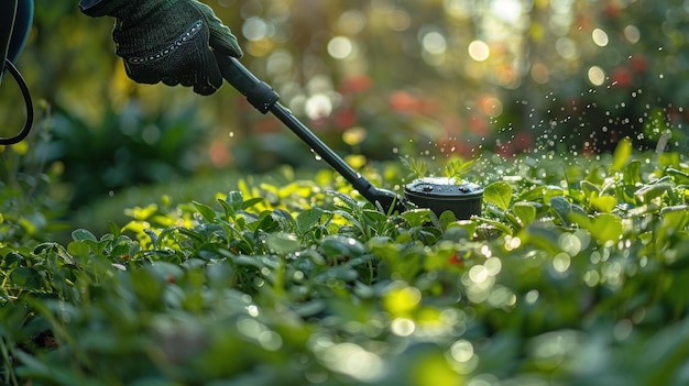 Photo watering a lush garden with a sprinkler system