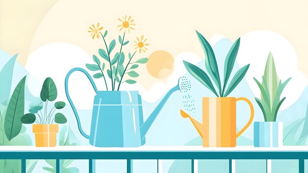 Photo watering plants on balcony springtime garden illustration