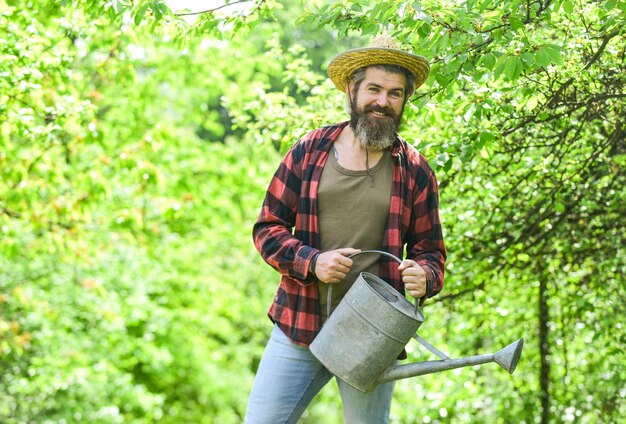 Watering plants and flowers Gardener pouring water from can mature agricultural worker with watering can caucasian male farmer in country Gardening in vegetable garden