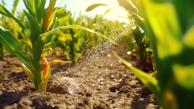 Watering plants and vegetables in the field drip irrigation closeup Generated AI