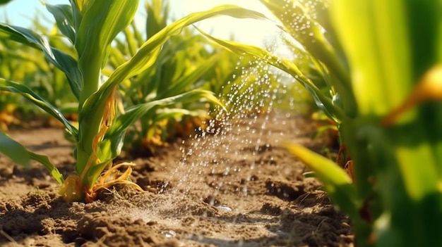 Watering plants and vegetables in the field drip irrigation closeup Generated AI